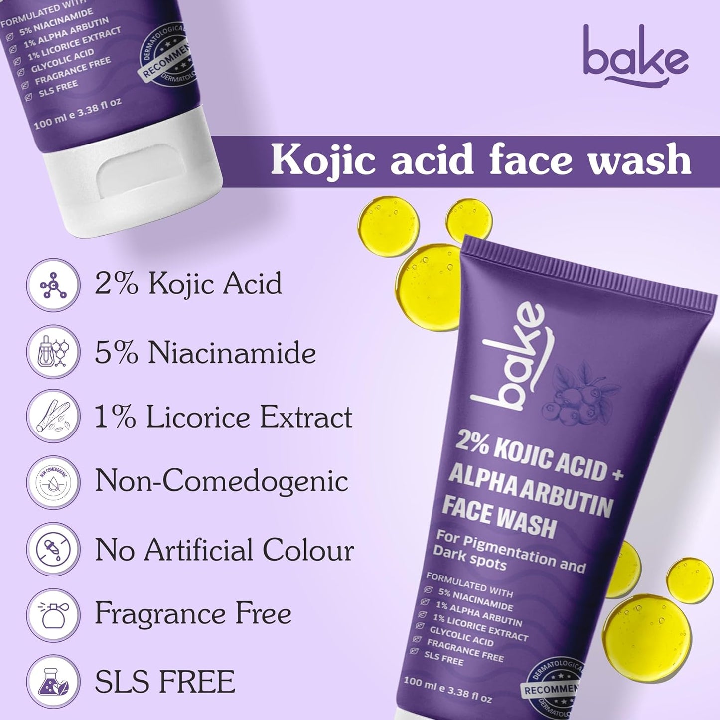 BAKE 2% Kojic Acid Brightening Face Wash Dual Action Formula with Alpha Arbutin & Niacinamide | De-Tan Wash | For Pigmentation, Dark Spots & Tan Removal | Anti Pigmentation Daily Wash - 100ml