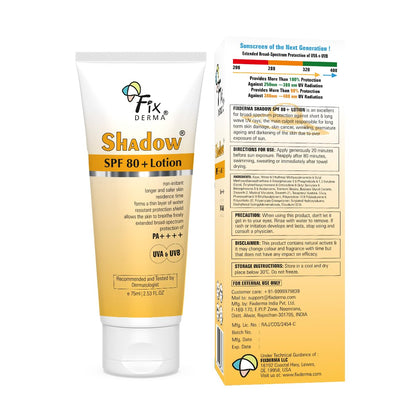 Fixderma Shadow Sunscreen SPF 80+ PA++++ Lotion | Oily Skin & Dry Skin | Protector SPF 80 | Body & Face | Broad Spectrum for UVA & UVB Protection | Women & Men | Non Greasy & Water Resistant - 75ml