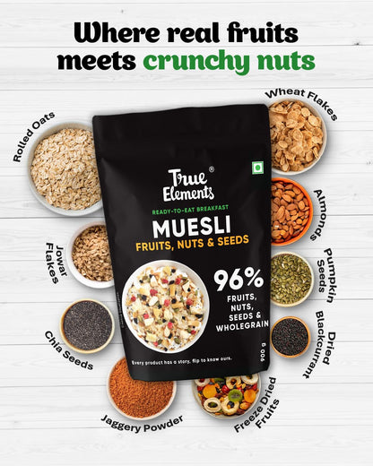 True Elements Muesli Fruit and Nuts 1kg - With Real Fruits & Almonds | 100% Wholegrain Muesli with Oats, Almonds | Real Freeze-dried fruits, Not Candied | Breakfast Cereal | High Fibre & Nutrient-Rich blend