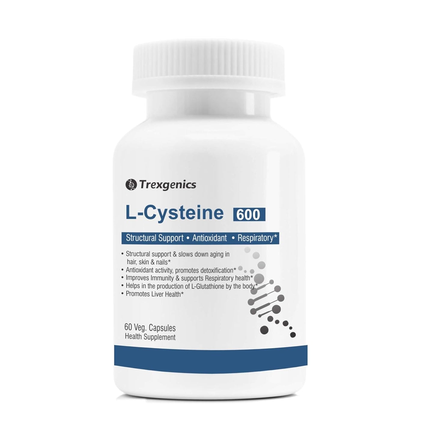 Supplement bottle labeled 'L-Cysteine 600' by Trexgenics on a white background