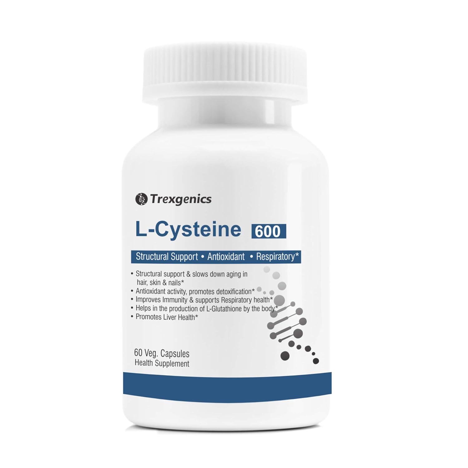 Supplement bottle labeled 'L-Cysteine 600' by Trexgenics on a white background