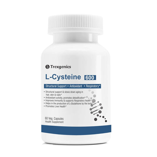 Supplement bottle labeled 'L-Cysteine 600' by Trexgenics on a white background