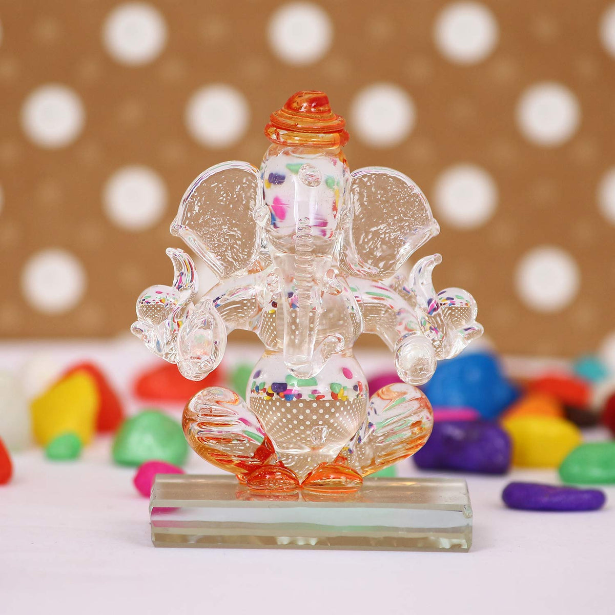 Orange and Transparent Double Sided Crystal Car Ganesha Showpiece