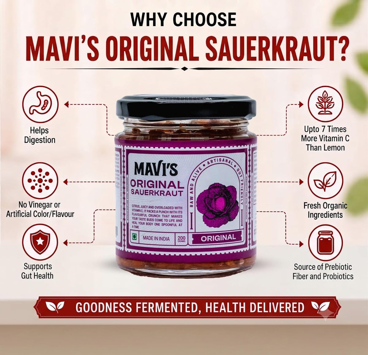 MAVI's Original Sauerkraut| Organic Cabbage & Ingredients| Gut friendly | 100% Natural & Vegan| No Preservatives | No Artificial Flavour or Colour | 200g (Pack of 1)
