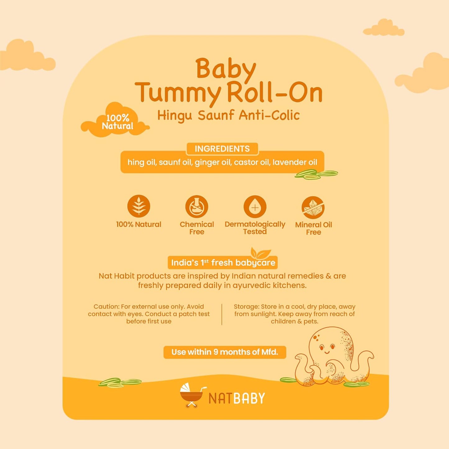 Nat Habit Hingu Saunf Tummy Roll-On for Baby Colic, Gas & Cold Relief | Hing Roll On for Newborns | Baby Tummy Roll | Cold & Cough Rollon | Constipation Relief | Ayurvedic Hing Oil 40ml