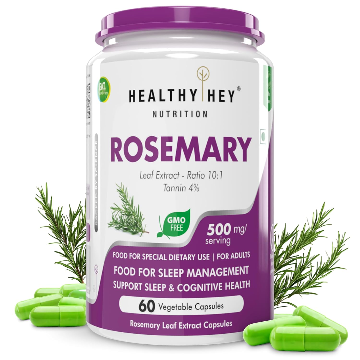 Container of Healthy Hey Nutrition Rosemary supplement with capsules and rosemary leaves on a white background