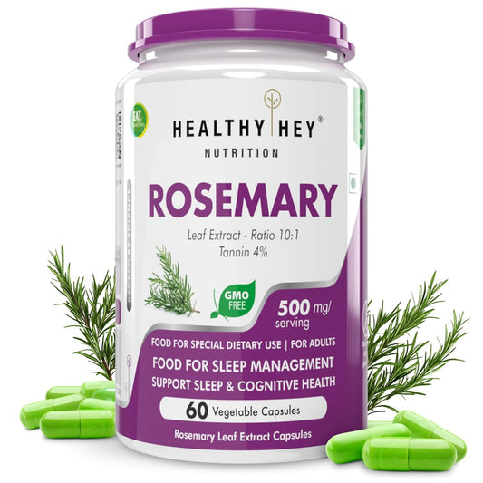 Container of Healthy Hey Nutrition Rosemary supplement with capsules and rosemary leaves on a white background