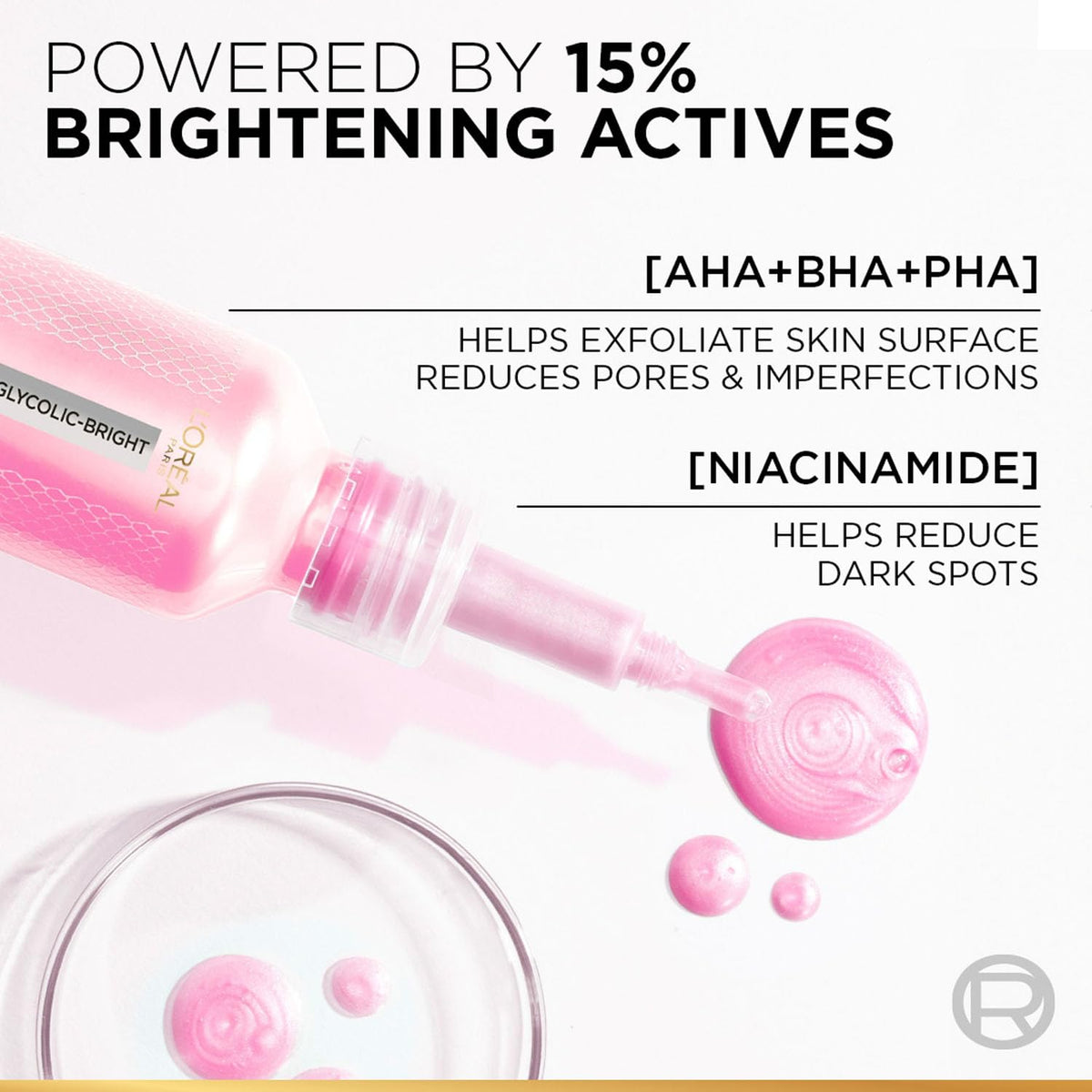 Pink skincare serum bottle with text about brightening actives on a white background