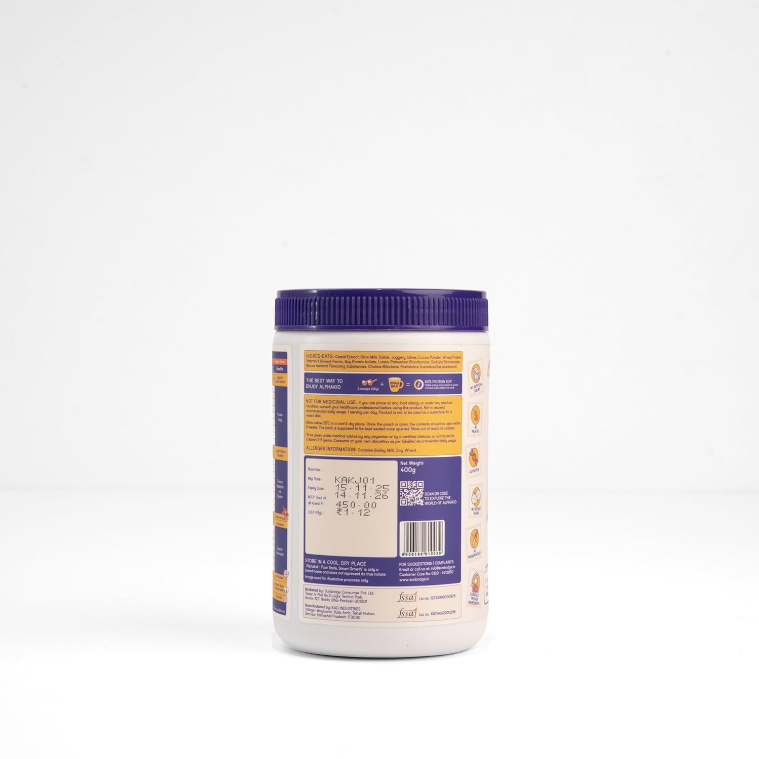 Container with a purple lid and label on a white background