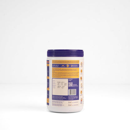 Container with a purple lid and label on a white background