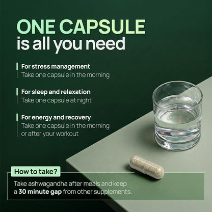 Capsule and glass of water with usage instructions on a green background