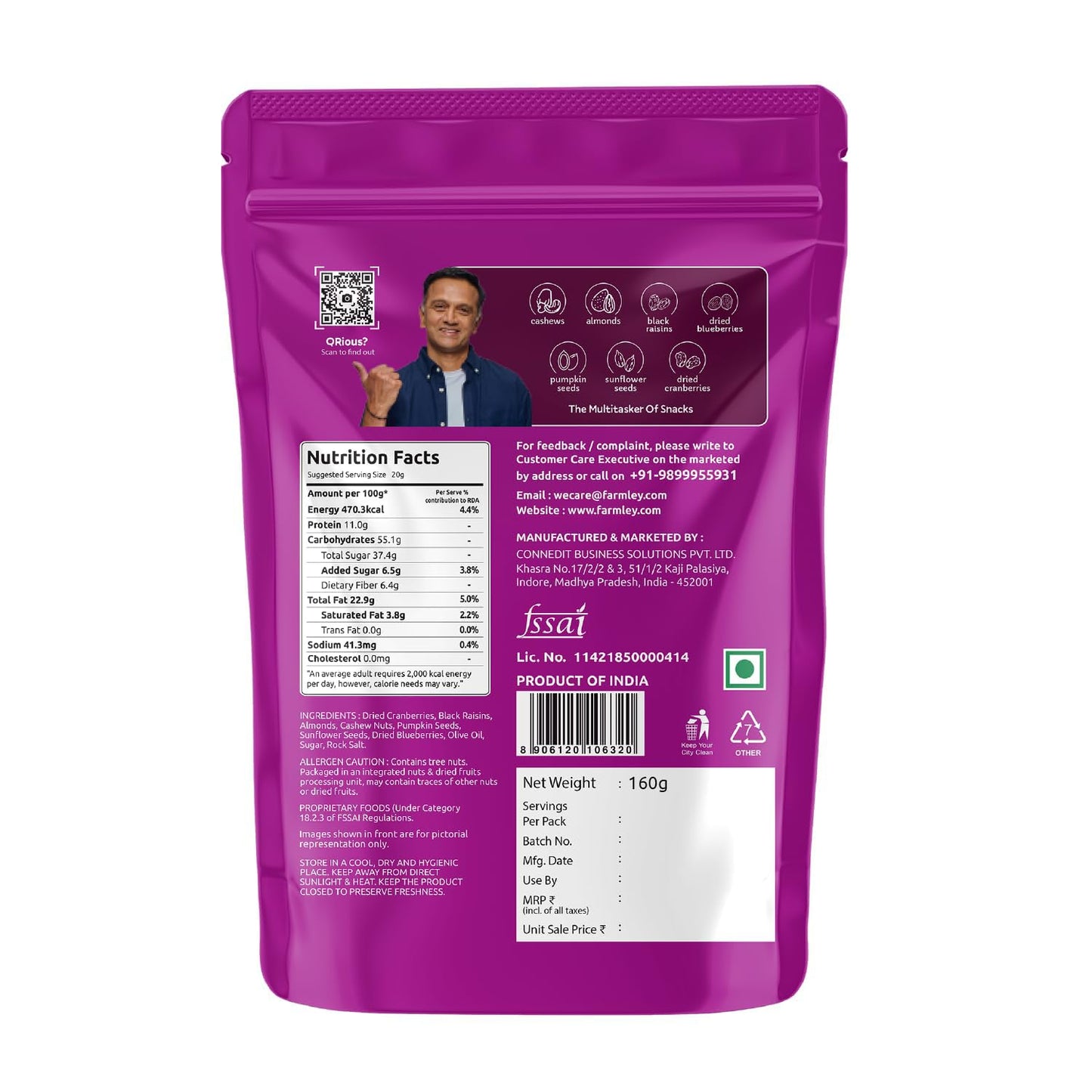 Farmley Trail Mix,160g | 7 Superfood in 1 Mixes | Dry Fruits Contains Almonds, Cashews, Blueberries, Blackcurrant, Pumpkin & Sunflower Seeds