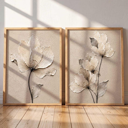 2 Piece Framed Wall Art Set, 3D Textured Floral Botanical Painting, Modern Abstract Flower Wall Decor for Living Room, Bedroom, Dining Room & Office, Brown Frame, 13 x 19 Inch, Ready to Hang, Housewarming Gift