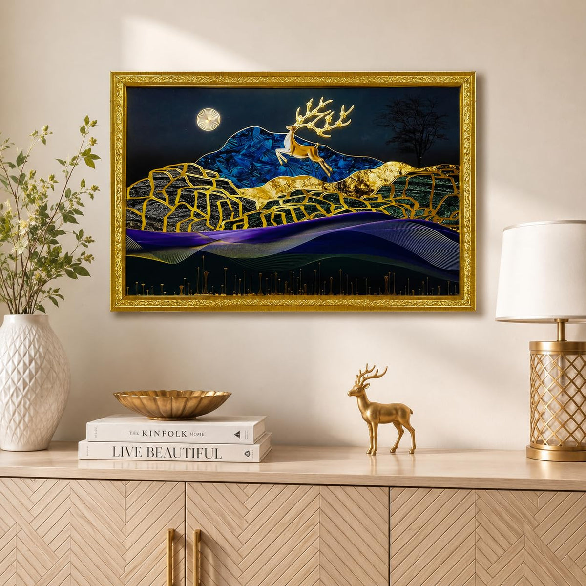 3D Golen Foil Modern Art Landscape with Joyful Lucky Reindeer | Framed Painting | Ready to Hang - (Multicolor, 14 Inch x 20 Inch)