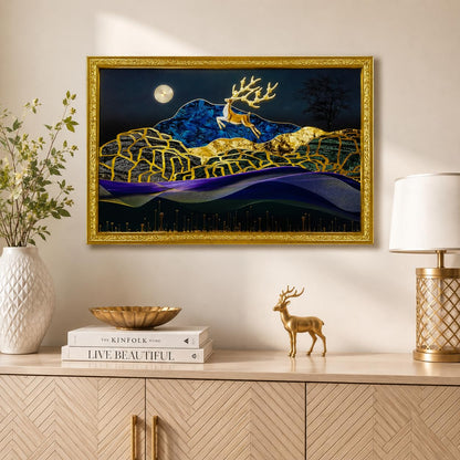 3D Golen Foil Modern Art Landscape with Joyful Lucky Reindeer | Framed Painting | Ready to Hang - (Multicolor, 14 Inch x 20 Inch)