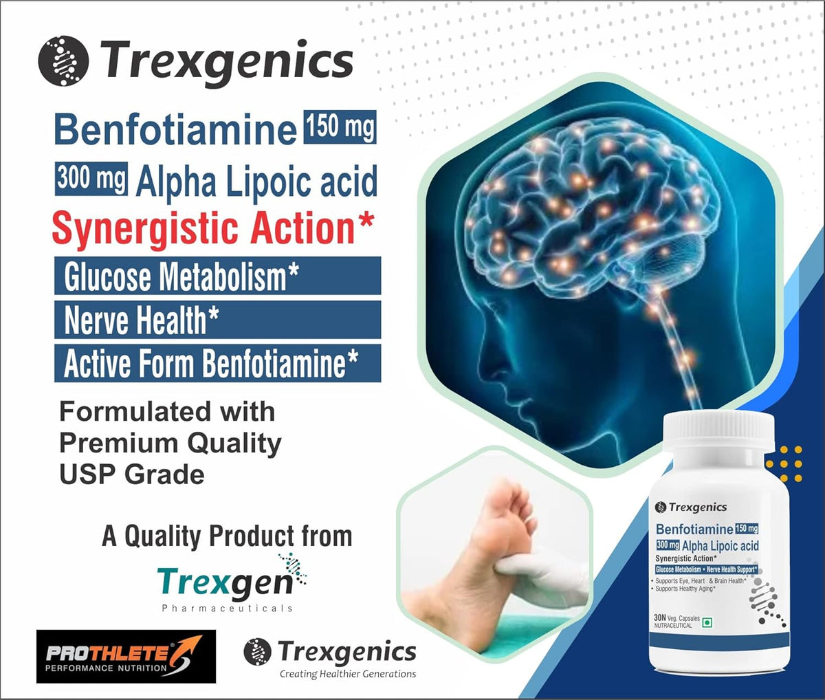 Trexgenics supplement package with brain and foot illustration on a white background