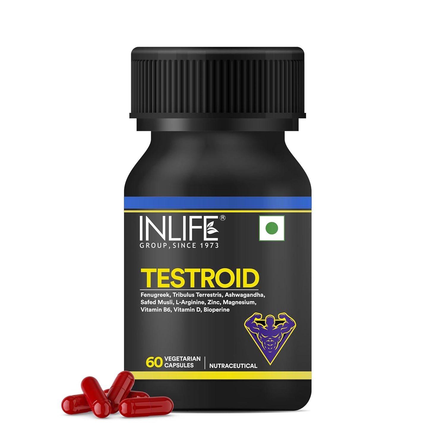 INLIFE Testroid Testosterone Support Supplement for Men | Tribulus, Ashwagandha, Safed Musli for Energy, Strength, Stamina & Overall Wellness - 60 Vegetarian Capsules