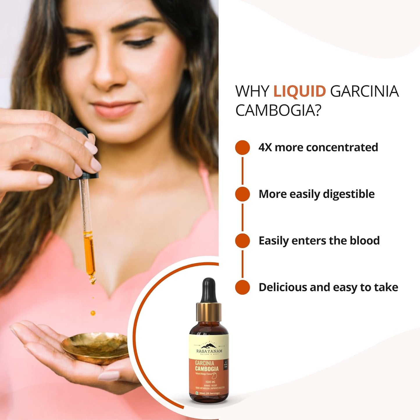 Woman holding a dropper with liquid and a bottle of Garcinia Cambogia supplement, with text explaining benefits.