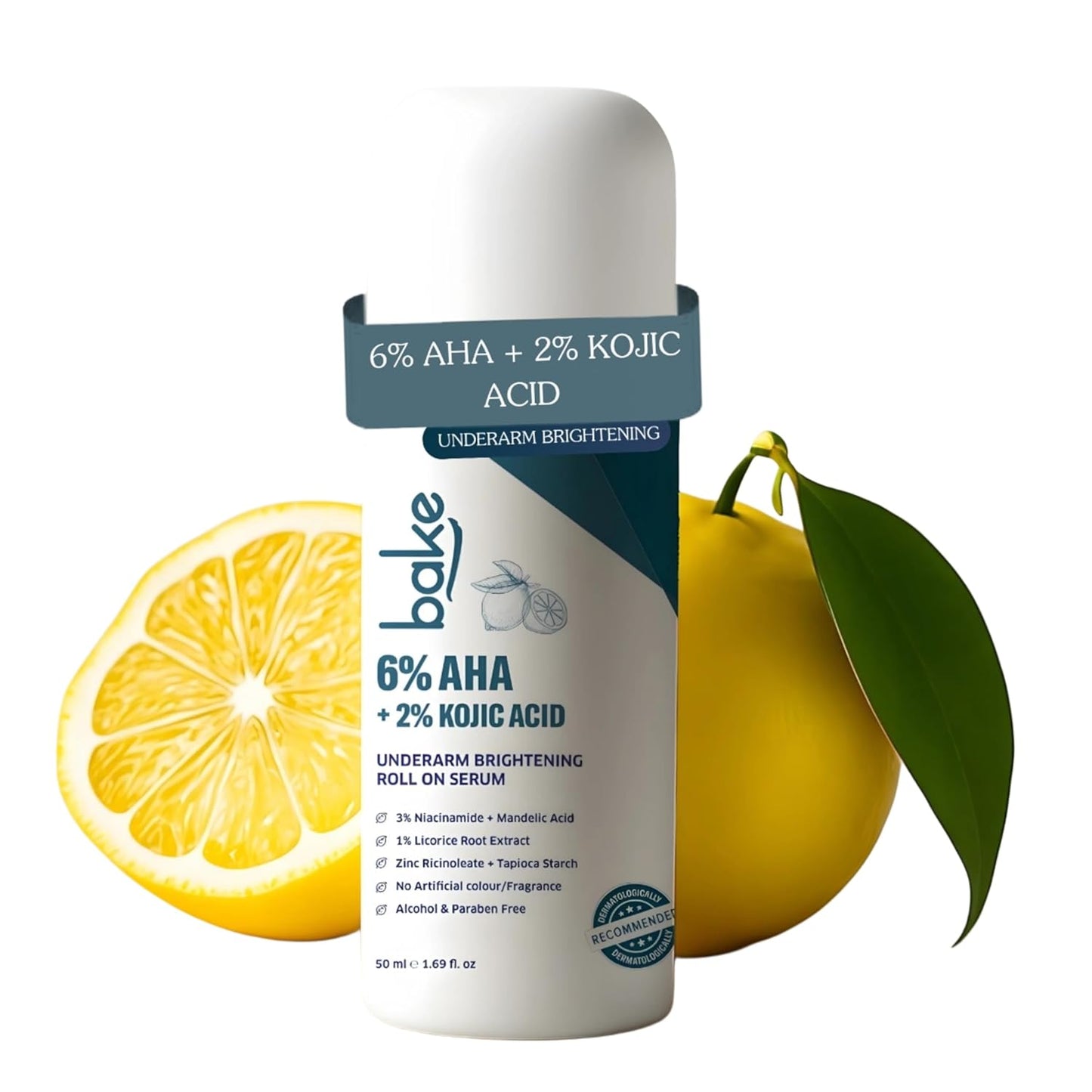 BAKE BrightErase™ Underarm Brightening Roll On Serum with 6% AHA Complex, 2% Kojic Acid, 3% Niacinamide | Reduces Pigmentation, Dark Spots, Odour & Sweat | Brightening & Exfoliating Serum for Dark Underarms - 50ml