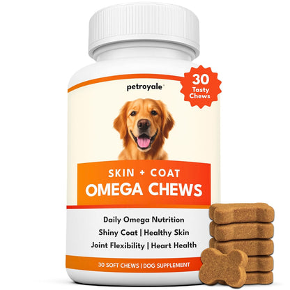 Petroyale Skin & Coat Omega Chews for Dogs | Omega 3 6 9 Soft Chews for Healthy Skin, Shiny Coat & Reduced Shedding | Dog Skin and Coat Supplement | 30 Soft Chews