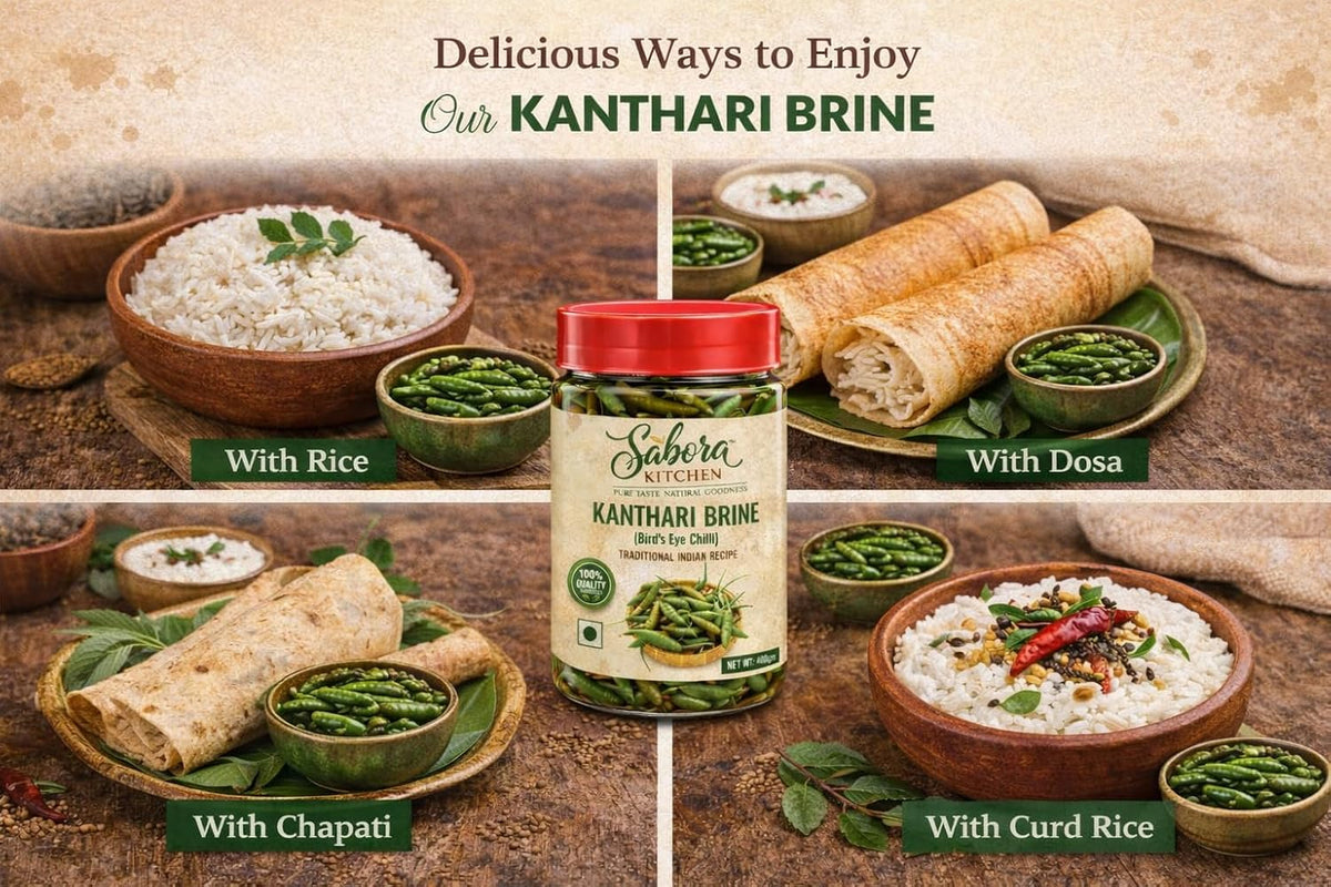 Sabora Kitchen Kanthari Brine (Bird’s Eye Chilli) 400g | Traditional Indian Recipe | Homemade Kerala Style | Spicy & Tangy Green Chillies | Ready to Use | 6 Months Shelf Life
