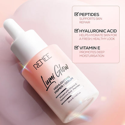 RENEE Lumi Glow Highlighting Primer + Serum | Hydrates, Promotes Even Skin Texture | Gives Luminous, 3D Glow | With Hyaluronic Acid, Peptides & Vitamin E | Base For Face Makeup | 30ml