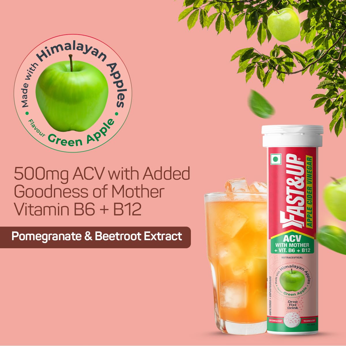 Fast&Up Apple Cider Vinegar Effervescent Tablets | 500mg ACV with Mother, Beetroot, Pomegranate, B6 & B12 | Supports Detox, Gut Health & Weight Management, Green Apple