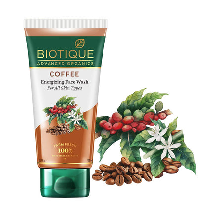 Biotique Coffee Energizing Face Wash with coffee beans and leaves on a white background