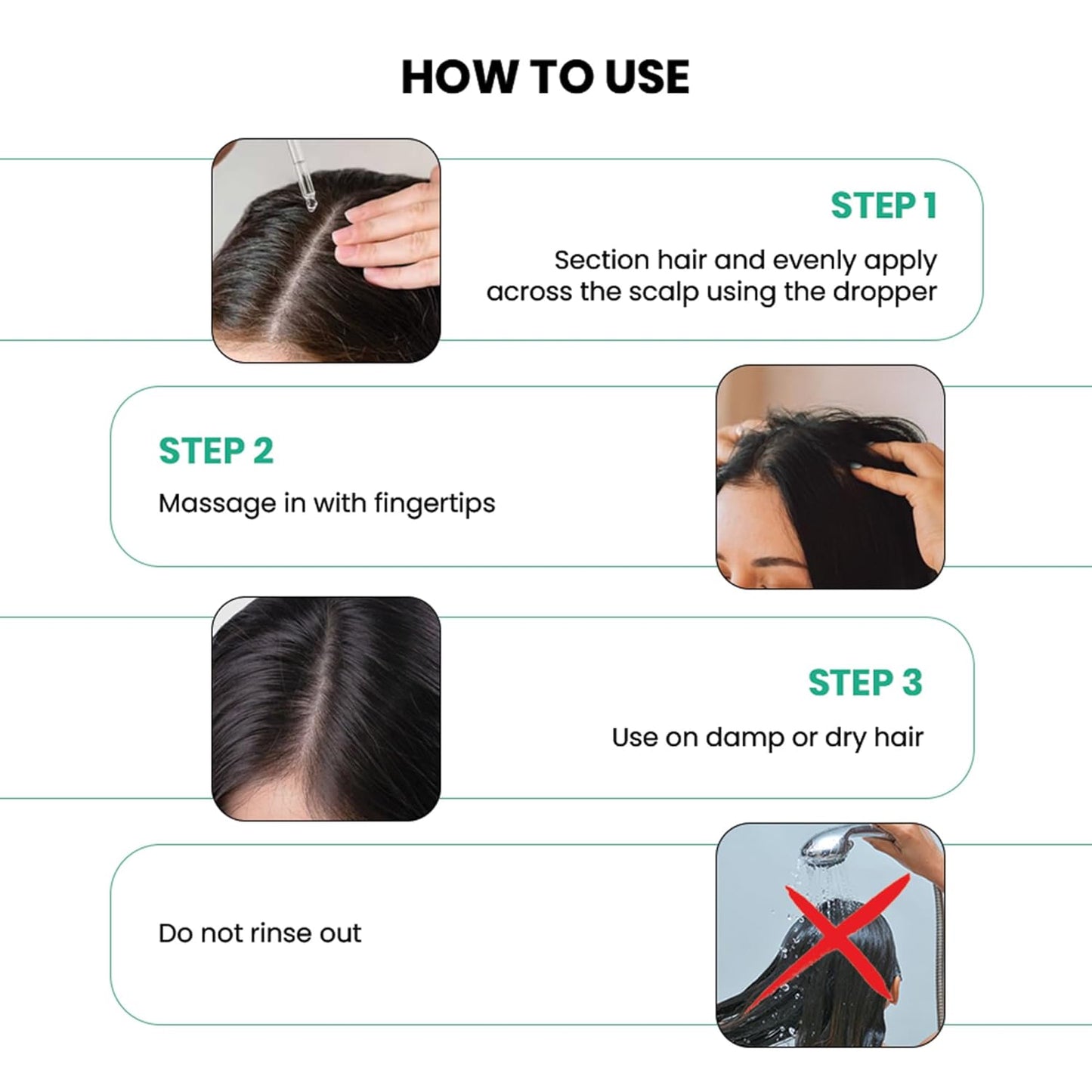 Instructions on how to use a hair care product with step-by-step guidance.