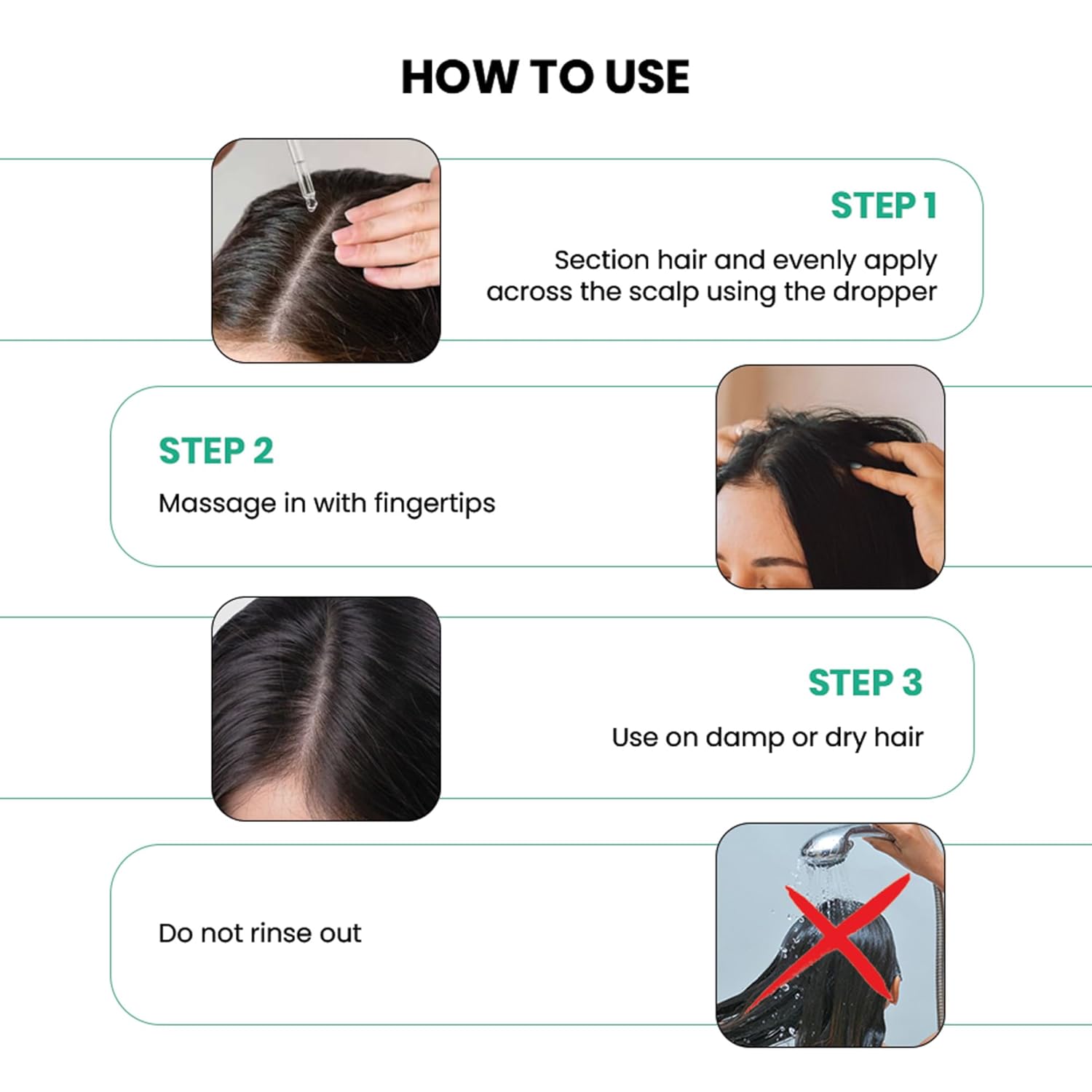 Instructions on how to use a hair care product with step-by-step guidance.