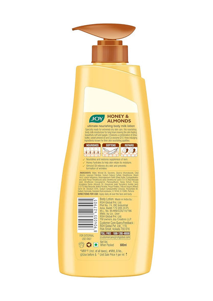 Joy Honey & Almonds Ultimate Nourishing Body Milk Winter Lotion 600ml | With Shea Butter & Vitamin E | Long Lasting Moisture | Prevents Dryness & Provides Intense Moisturization for Dry Skin