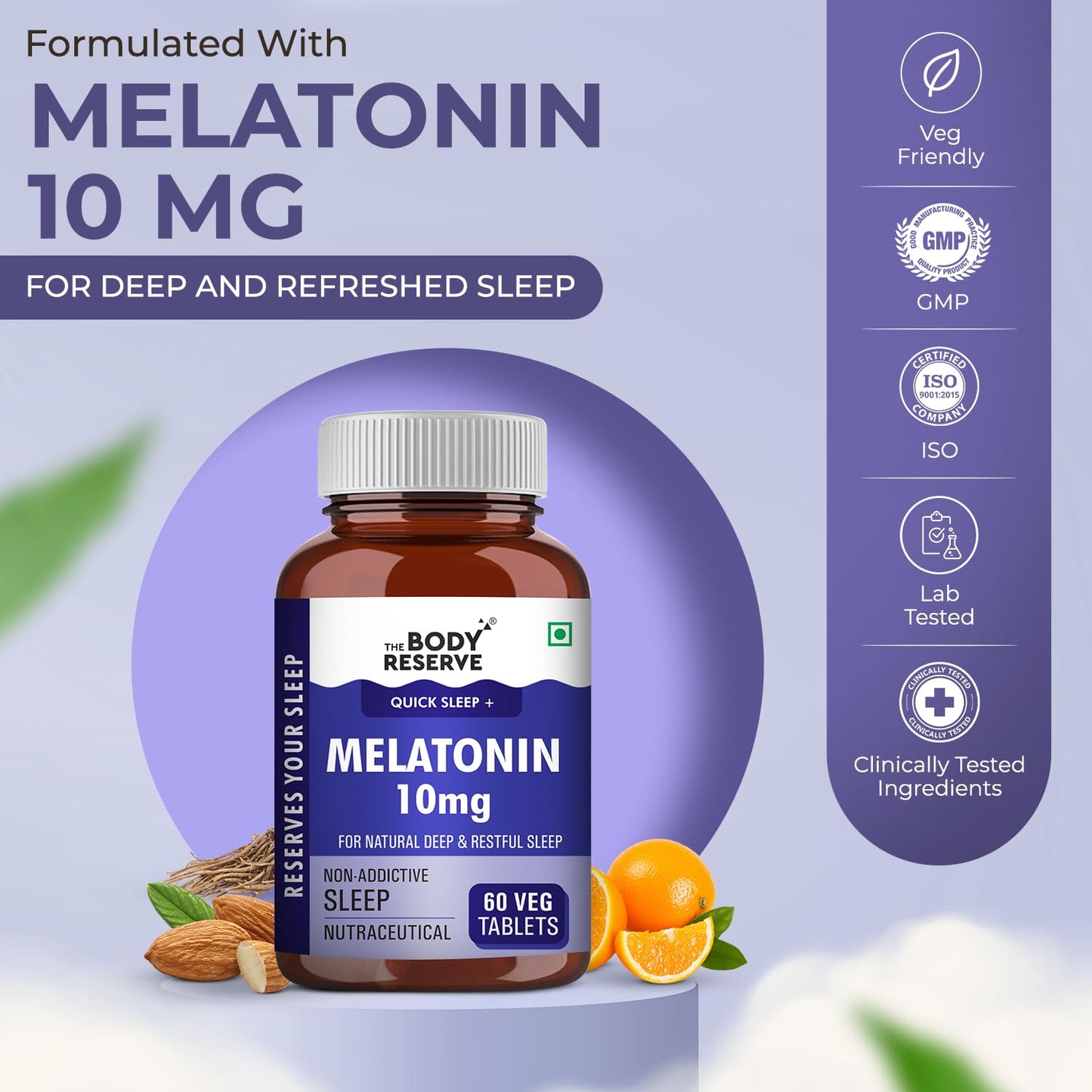 Melatonin supplement bottle with packaging details on a light purple background