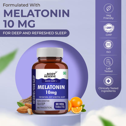 Melatonin supplement bottle with packaging details on a light purple background