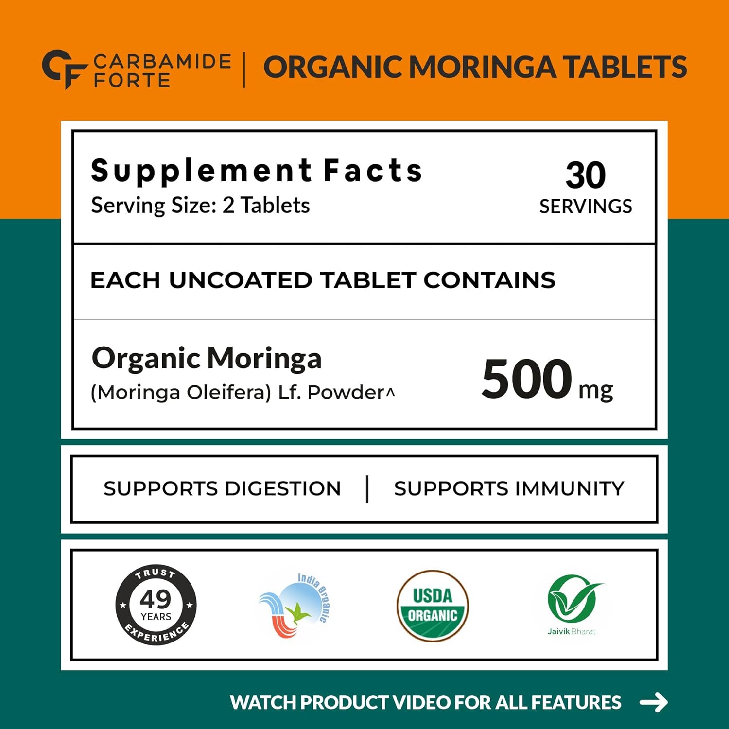 Supplement facts label for Organic Moringa Tablets with branding and certification logos.