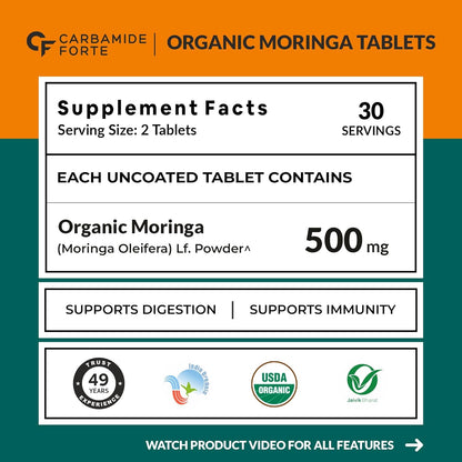 Supplement facts label for Organic Moringa Tablets with branding and certification logos.