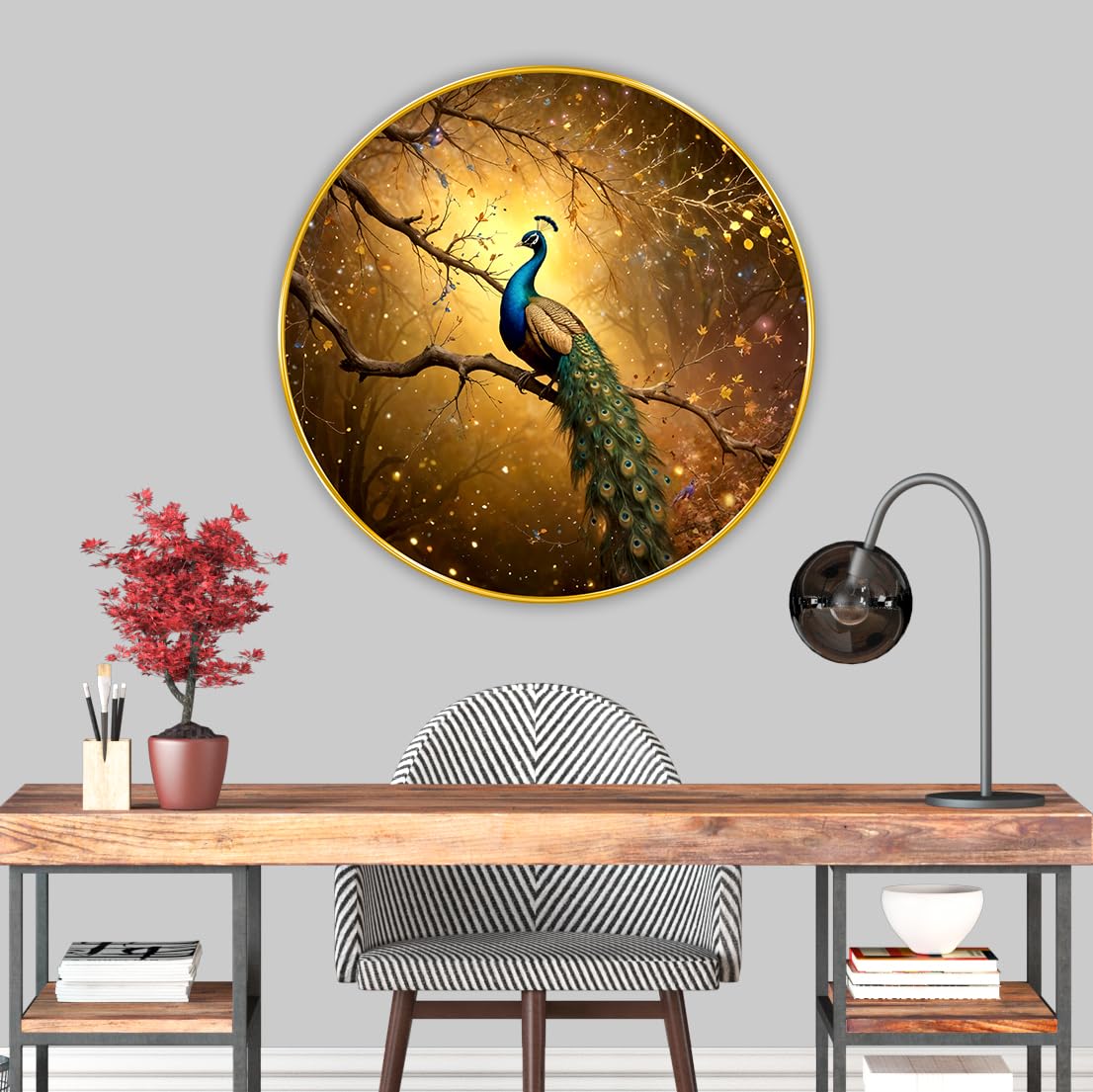 Peacock modern art Premium Sparkle lamination Golden Slim Frame 50.8 cm x 50.8 cm Large Size, For Home/Office/Hotel painting GRL117
