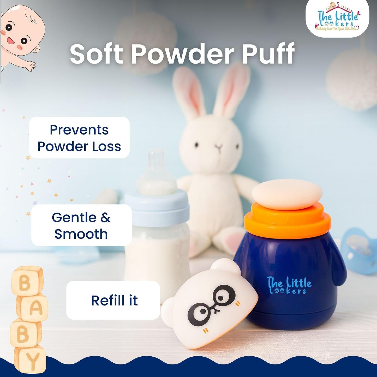 THE LITTLE LOOKERS Portable Baby Skin Care Baby Powder Puff With Box Holder Container For New Born & Kids For Baby Face & Body (Navy Blue)