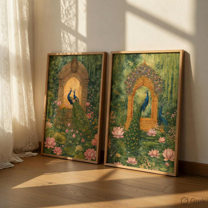 Royal Peacock Garden Wall Painting Set of 2 with Wooden Frames | Mughal Palace Peacock Artwork HD Sparkle Laminated MDF Wall Decor | Traditional Indian Wall Art for Living Room Bedroom
