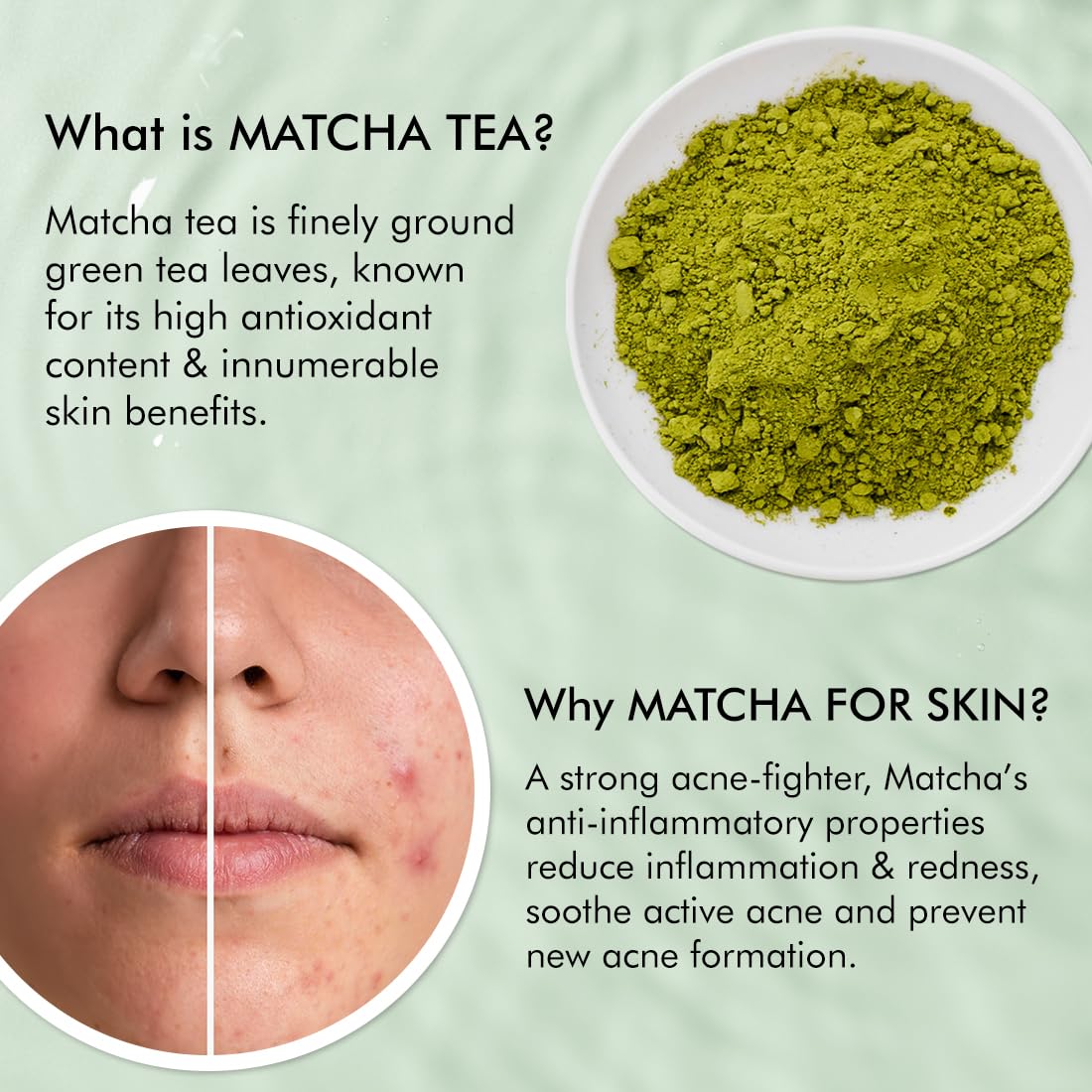 Matcha tea powder on a plate with text explaining matcha tea and its benefits for skin.
