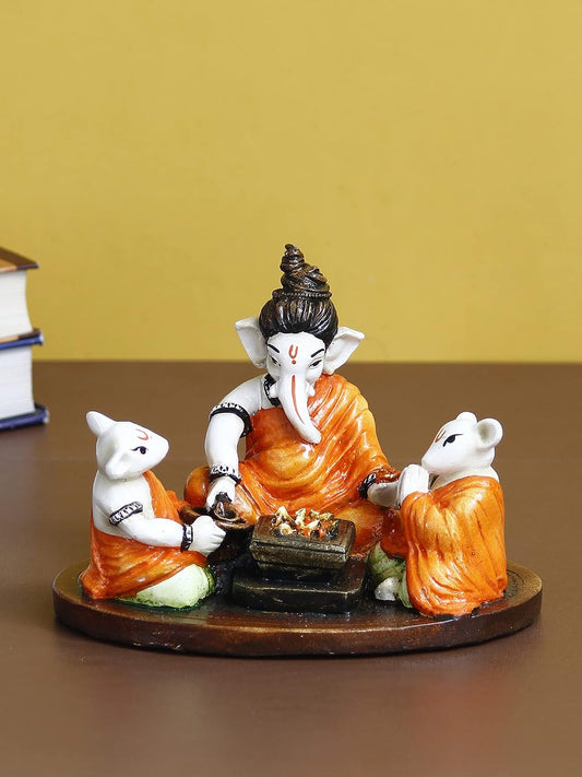 Lord Ganesha Doing Havan with 2 Mushaks Colorful Handcrafted Decorative Figurine, Orange, One Size (MSGG661)