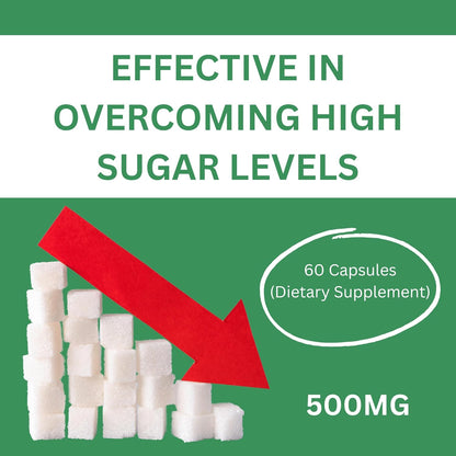 Supplement packaging with sugar cubes and a red arrow, indicating effectiveness in lowering high sugar levels.