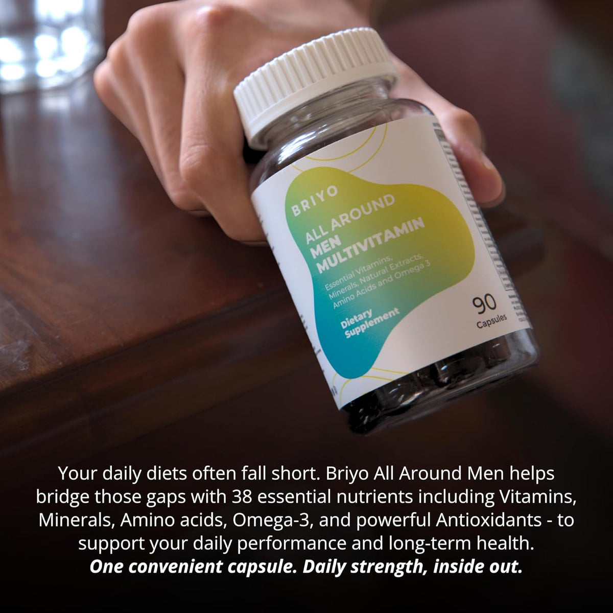 Briyo All Around Men multivitamin bottle held in a hand with product description text.