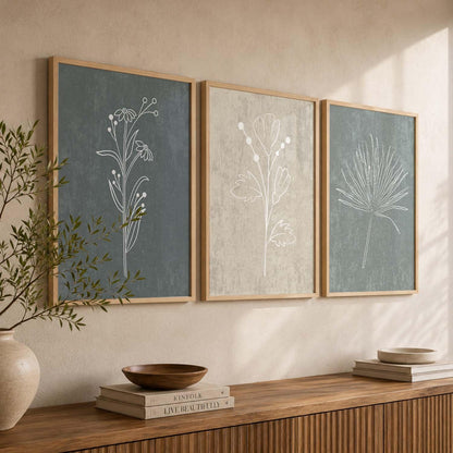 Home Decor Floral Painting Decorative Line Wall Art poster With Frame For Living Room Bed Room Hotel Wall Decor Digital Reprint Set of 3 (13x17 inch)