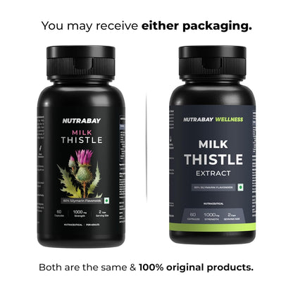Two bottles of Nutrabay Milk Thistle supplement with different packaging designs on a white background.