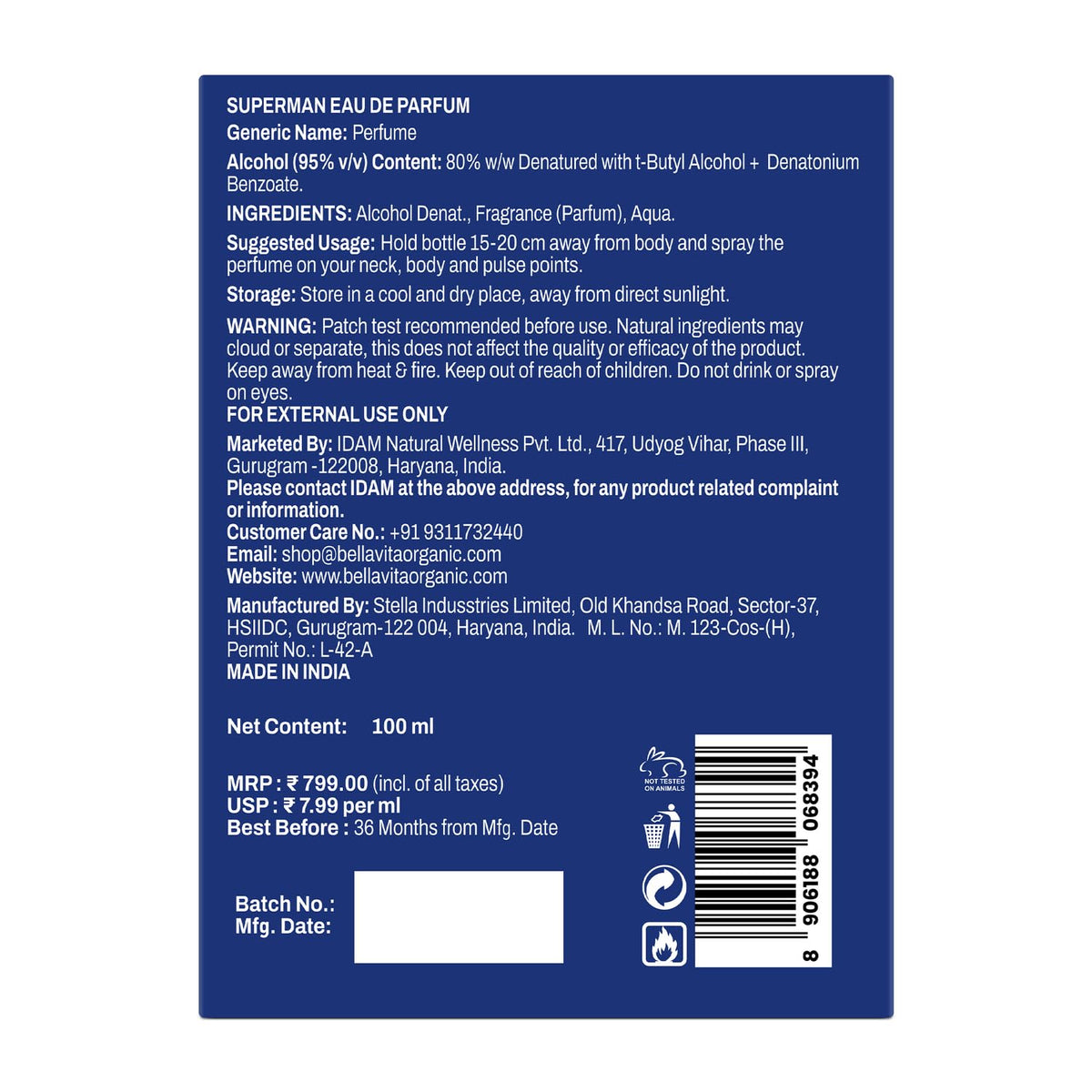 Back label of a perfume bottle with text and product details on a white background