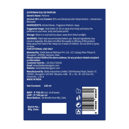Back label of a perfume bottle with text and product details on a white background