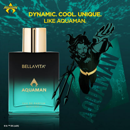 Bellavita Aquaman perfume bottle with Aquaman character and text on a dark green background