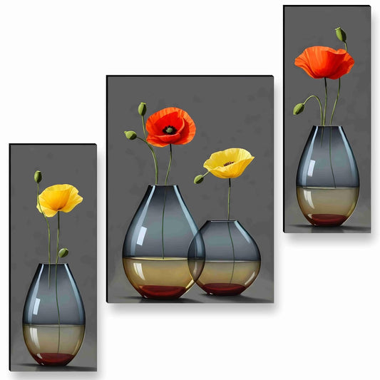 flower pot Paintings for Wall Decoration - Set Of 3, 3d modern art Painting for Living Room Large Size with Frames for Home Decoration, Hotel, Office painting 50.8 cm x 30.48 cm A-JM-36039