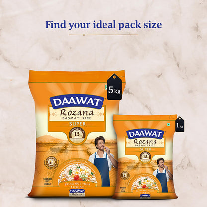Daawat Rozana Super Basmati Rice 1Kg| For Everyday Consumption| Cooked Grain Upto 13mm*| Naturally Aged