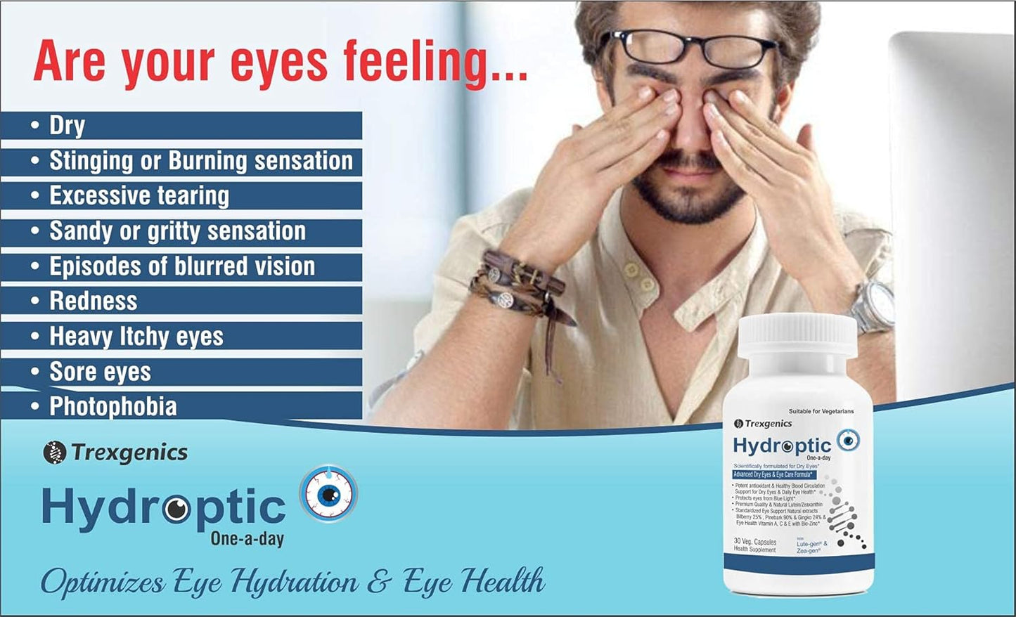 Trexgenics® HYDROPTIC Advanced Dry Eyes & Eye Care One-a-day Vegetarian formula with Lutein, Zeaxanthin, Bilberry, Gingko, Pine Bark, Vitamin C, Zinc &Vitamin A (30 Vcaps) (1)